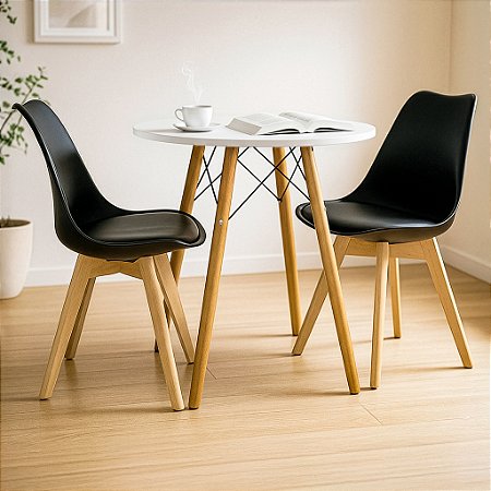 Mesa Redonda Eiffel 70cm Branca com 2 Cadeiras Siena Preta