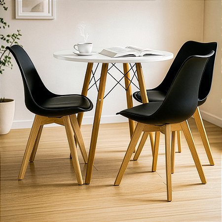 Mesa Redonda Eiffel 70cm Branca com 3 Cadeiras Siena Preta