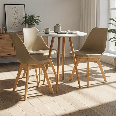 Mesa Redonda Sofia 70cm Branca com 3 Cadeiras Siena Nude