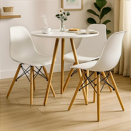 Mesa Redonda Tripé 70cm Branca com 3 Cadeiras Eiffel Branca