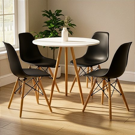 Mesa Redonda Tripé 70cm Branca com 4 Cadeiras Eiffel Preta