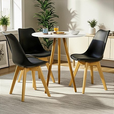 Mesa Redonda Tripé 70cm Branca com 3 Cadeiras Siena Preta