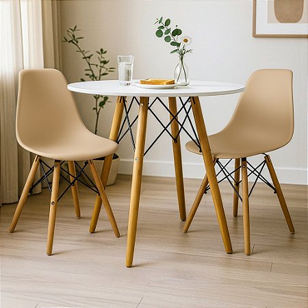 Mesa Redonda Eiffel 80cm Branca com 2 Cadeiras Eiffel Nude