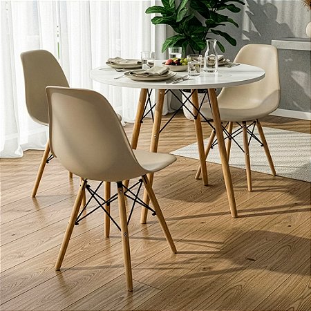 Mesa Redonda Eiffel 80cm Branca com 3 Cadeiras Eiffel Nude