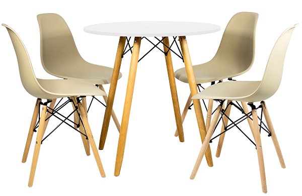 Mesa Redonda Eiffel 80cm Branca com 4 Cadeiras Eiffel Nude