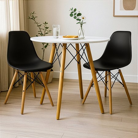Mesa Redonda Eiffel 80cm Branca com 2 Cadeiras Eiffel Preta