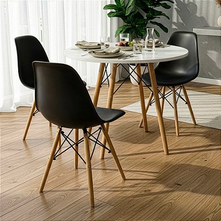 Mesa Redonda Eiffel 80cm Branca com 3 Cadeiras Eiffel Preta