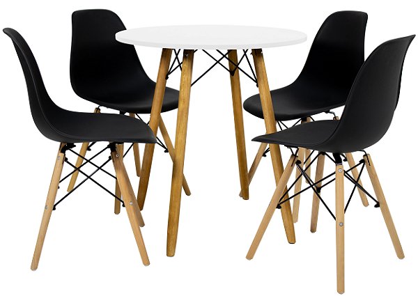 Mesa Redonda Eiffel 80cm Branca com 4 Cadeiras Eiffel Preta