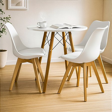 Mesa Redonda Eiffel 80cm Branca com 3 Cadeiras Siena Branca