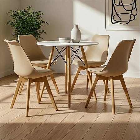 Mesa Redonda Eiffel 80cm Branca com 4 Cadeiras Siena Nude
