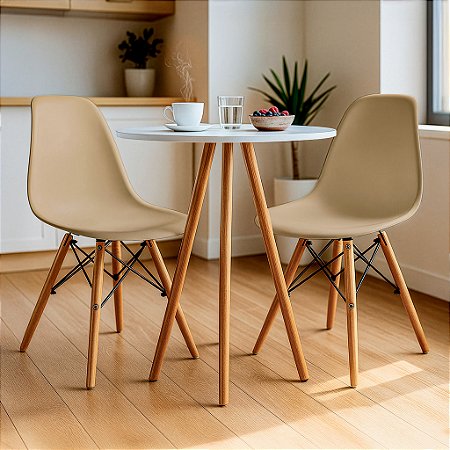 Mesa Redonda Tripé 80cm Branca com 2 Cadeiras Eiffel Nude