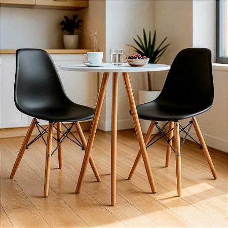Mesa Redonda Tripé 80cm Branca com 2 Cadeiras Eiffel Preta