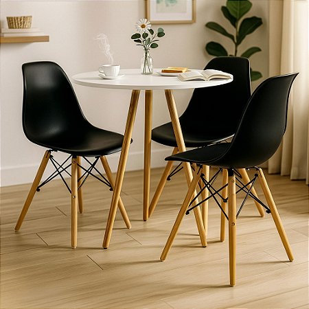 Mesa Redonda Tripé 80cm Branca com 3 Cadeiras Eiffel Preta