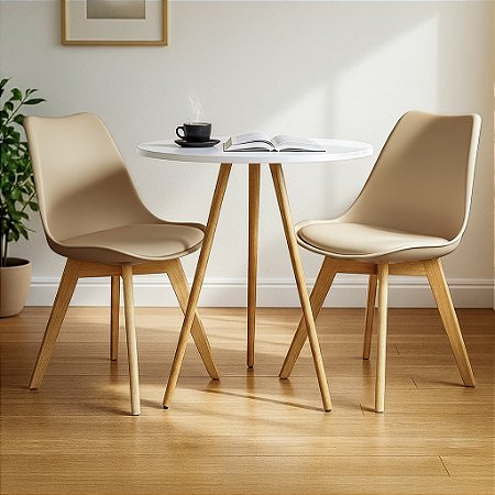 Mesa Redonda Tripé 80cm Branca com 2 Cadeiras Siena Nude