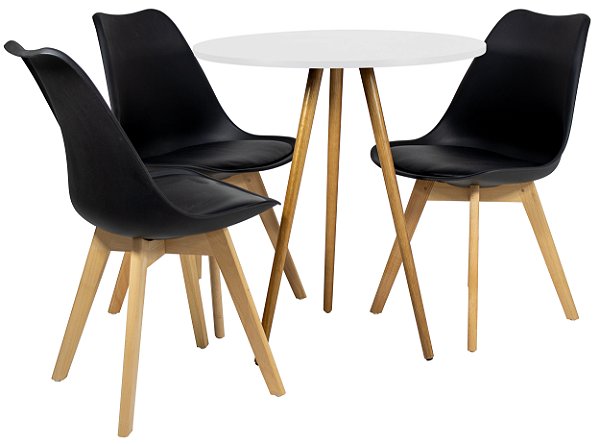 Mesa Redonda Tripé 80cm Branca com 3 Cadeiras Siena Preta