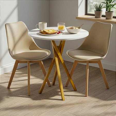 Mesa Redonda Bistrô 80cm Branca com 2 Cadeiras Siena Nude