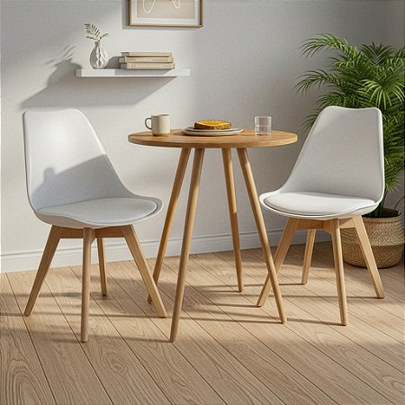 Mesa Redonda Sofia 60cm Louro Freijó com 2 Cadeiras Siena Branca