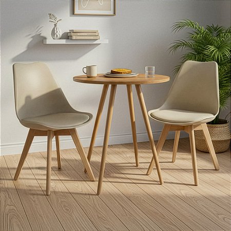 Mesa Redonda Sofia 60cm Louro Freijó com 2 Cadeiras Siena Nude