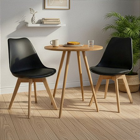 Mesa Redonda Sofia 60cm Louro Freijó com 2 Cadeiras Siena Preta