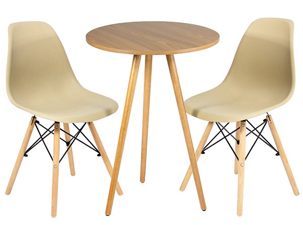 Mesa Redonda Tripé 60cm Louro Freijó com 2 Cadeiras Eiffel Nude