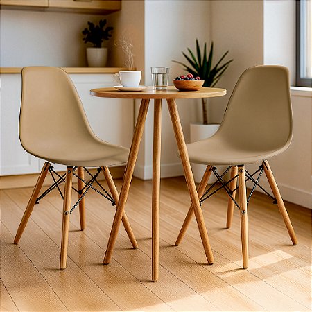 Mesa Redonda Tripé 60cm Louro Freijó com 2 Cadeiras Eiffel Nude