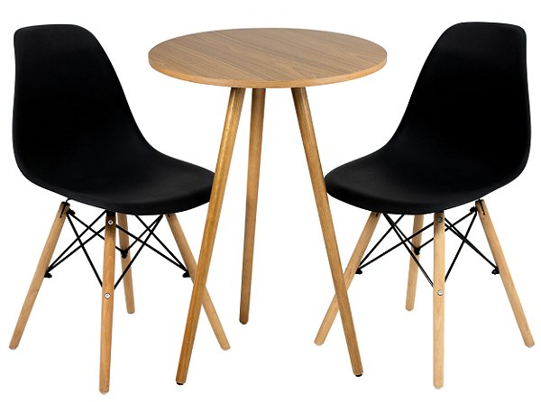 Mesa Redonda Tripé 60cm Louro Freijó com 2 Cadeiras Eiffel Preta