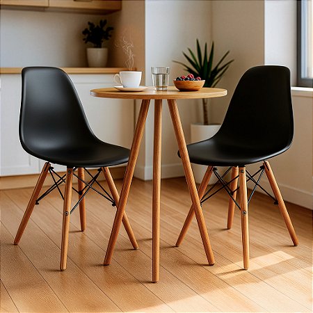 Mesa Redonda Tripé 60cm Louro Freijó com 2 Cadeiras Eiffel Preta