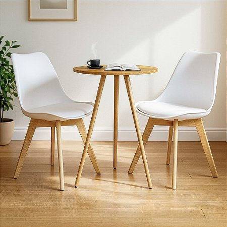 Mesa Redonda Tripé 60cm Louro Freijó com 2 Cadeiras Siena Branca