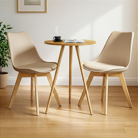 Mesa Redonda Tripé 60cm Louro Freijó com 2 Cadeiras Siena Nude