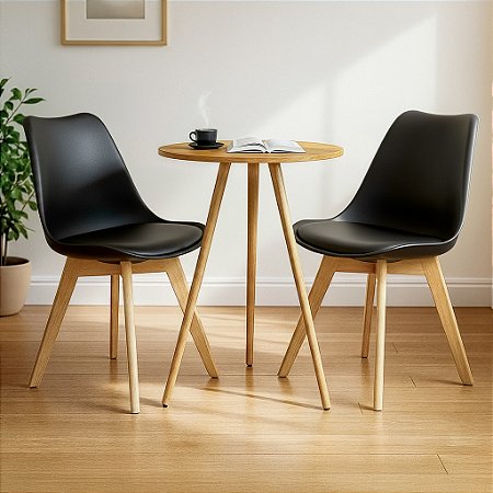 Mesa Redonda Tripé 60cm Louro Freijó com 2 Cadeiras Siena Preta