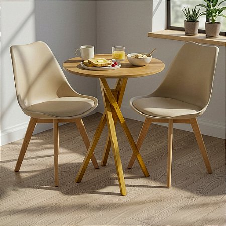 Mesa Redonda Bistrô 60cm Louro Freijó com 2 Cadeiras Siena Nude