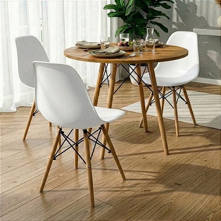 Mesa Redonda Eiffel 70cm Louro Freijó com 3 Cadeiras Eiffel Branca