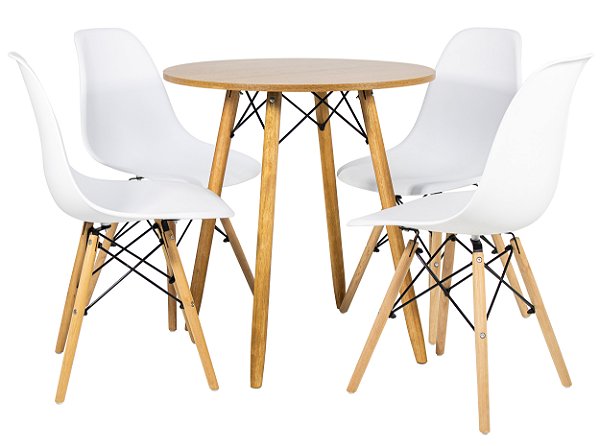 Mesa Redonda Eiffel 70cm Louro Freijó com 4 Cadeiras Eiffel Branca