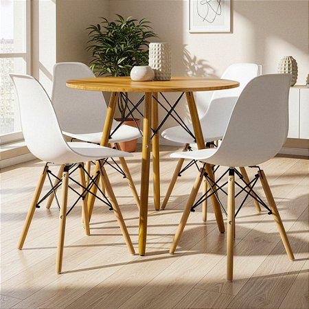 Mesa Redonda Eiffel 70cm Louro Freijó com 4 Cadeiras Eiffel Branca