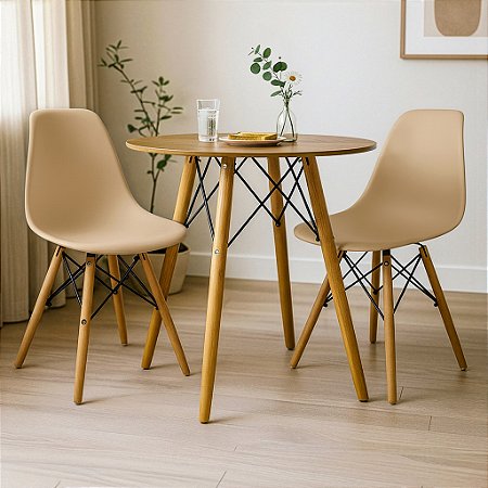 Mesa Redonda Eiffel 70cm Louro Freijó com 2 Cadeiras Eiffel Nude