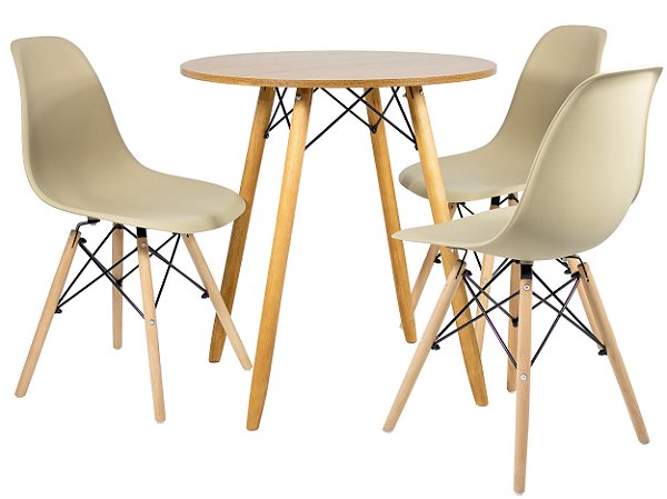 Mesa Redonda Eiffel 70cm Louro Freijó com 3 Cadeiras Eiffel Nude