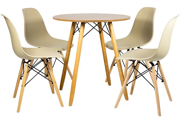 Mesa Redonda Eiffel 70cm Louro Freijó com 4 Cadeiras Eiffel Nude