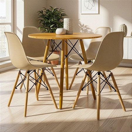 Mesa Redonda Eiffel 70cm Louro Freijó com 4 Cadeiras Eiffel Nude