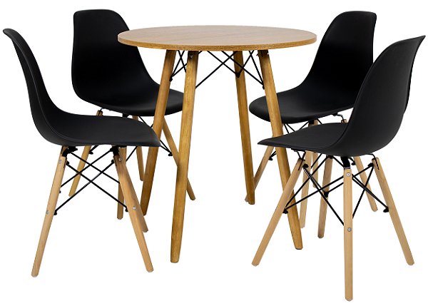 Mesa Redonda Eiffel 70cm Louro Freijó com 4 Cadeiras Eiffel Preta
