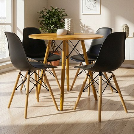 Mesa Redonda Eiffel 70cm Louro Freijó com 4 Cadeiras Eiffel Preta