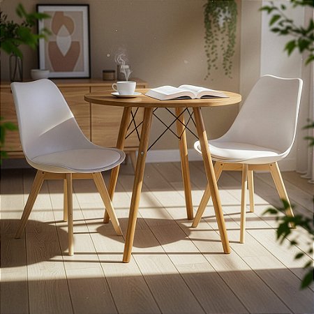 Mesa Redonda Eiffel 70cm Louro Freijó com 2 Cadeiras Siena Branca