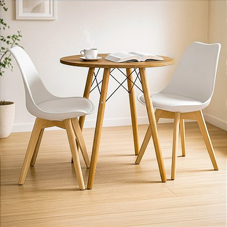 Mesa Redonda Eiffel 70cm Louro Freijó com 2 Cadeiras Siena Branca