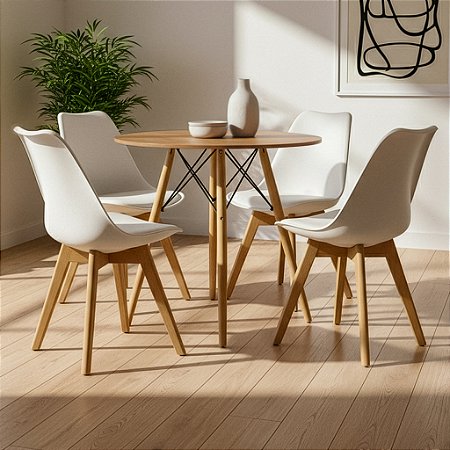 Mesa Redonda Eiffel 70cm Louro Freijó com 4 Cadeiras Siena Branca