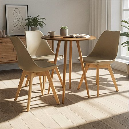 Mesa Redonda Sofia 70cm Louro Freijó com 3 Cadeiras Siena Nude