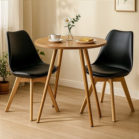 Mesa Redonda Sofia 70cm Louro Freijó com 2 Cadeiras Siena Preta