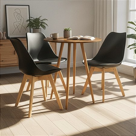 Mesa Redonda Sofia 70cm Louro Freijó com 3 Cadeiras Siena Preta