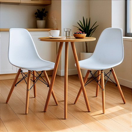 Mesa Redonda Tripé 70cm Louro Freijó com 2 Cadeiras Eiffel Branca