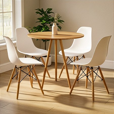 Mesa Redonda Tripé 70cm Louro Freijó com 4 Cadeiras Eiffel Branca