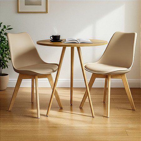Mesa Redonda Tripé 70cm Louro Freijó com 2 Cadeiras Siena Nude