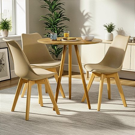 Mesa Redonda Tripé 70cm Louro Freijó com 3 Cadeiras Siena Nude